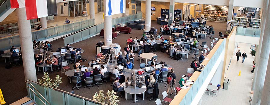 An aerial image of students studying in a library. 