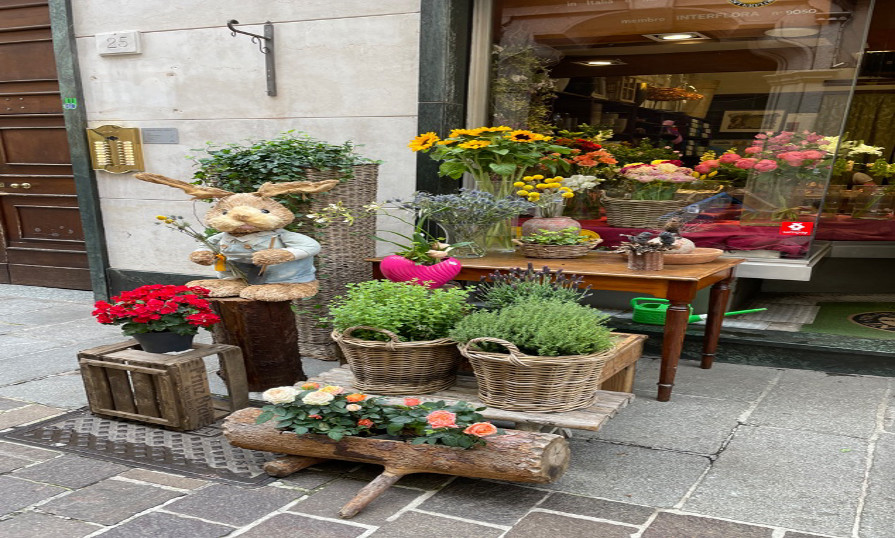 Italian flower shop with colorful blooms, herbs, and a bunny figure at entrance