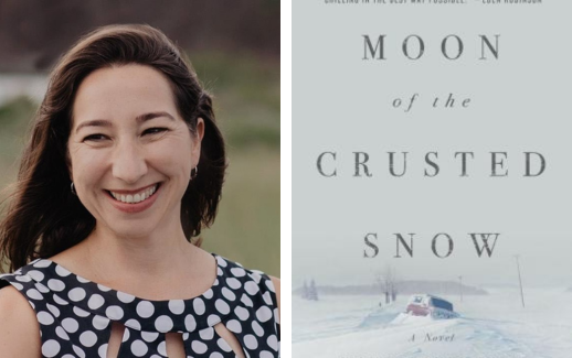 Staff member, Carly Brake, and book cover for Waubgeshig Rice's Moon of the Crusted Snow 