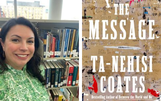 Library staff member Danielle and cover of The Message by Ta-Nehisi Coates