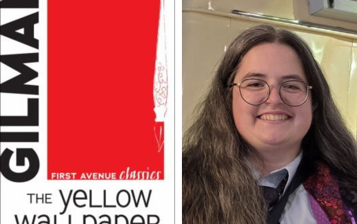 Erin MacKinnon and book cover for The Yellow Wallpaper by Charlotte Perkins Gilman